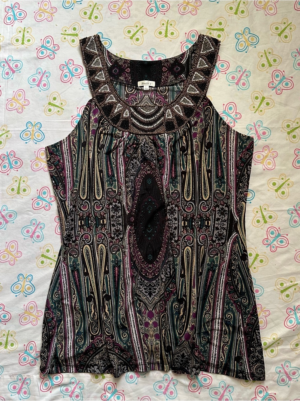 Vintage Studio Y Purple & Black Paisley Print Beaded Neckline Top